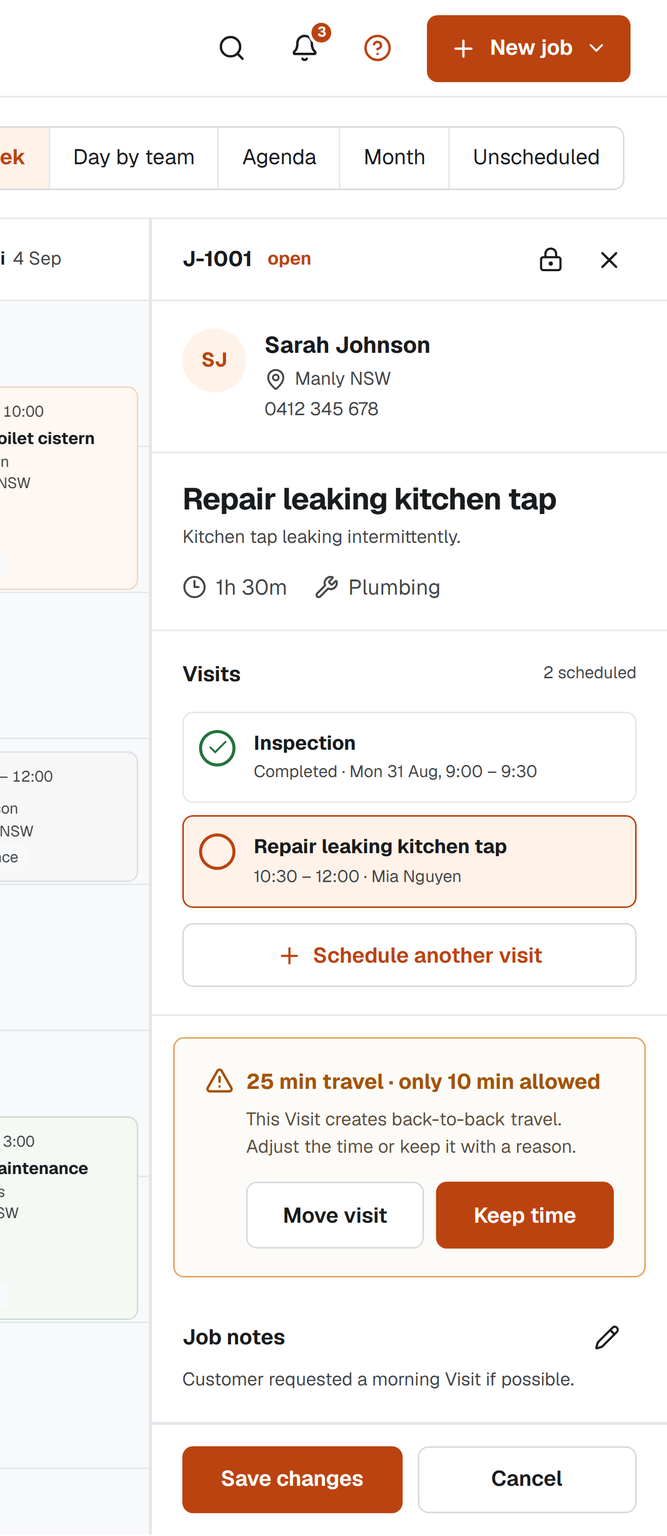 Daylane Job workspace showing an inspection and return Visit under one Job
