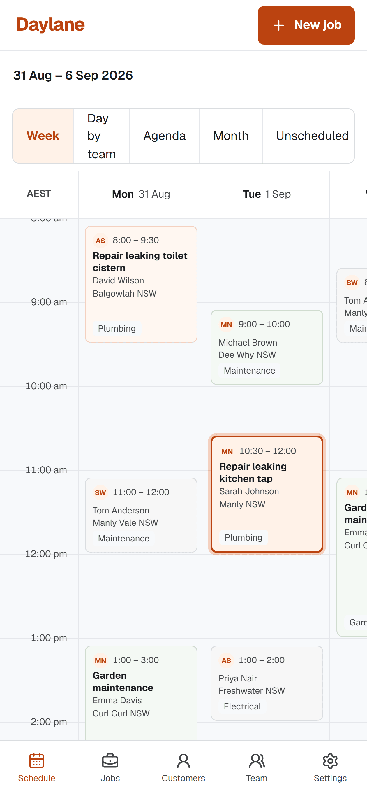 Daylane mobile job schedule with Visit times, Customers and Locations