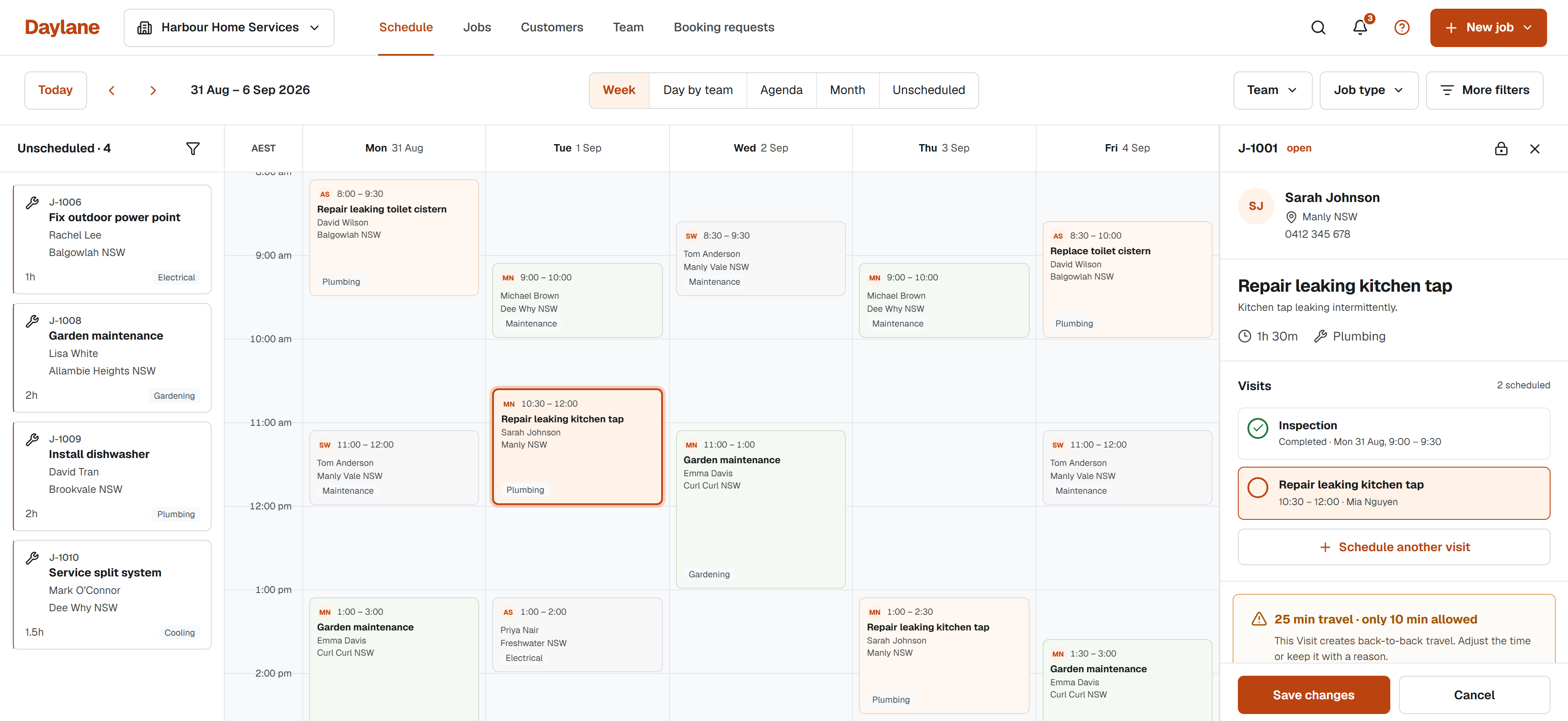 Daylane week calendar showing Customer Jobs and service Locations