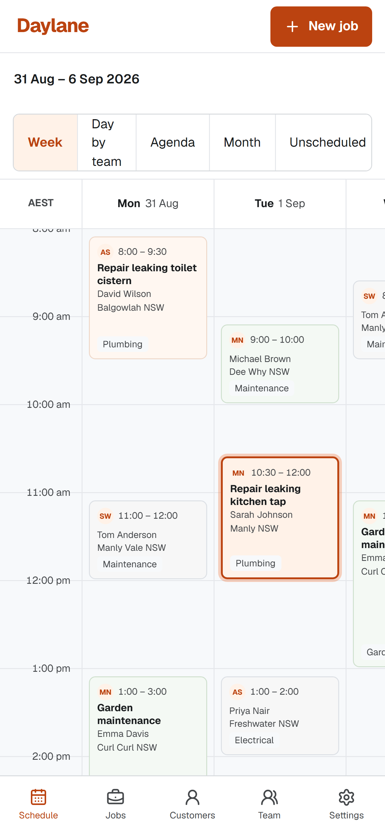 The real Daylane phone schedule showing Visit cards, week navigation and mobile product navigation